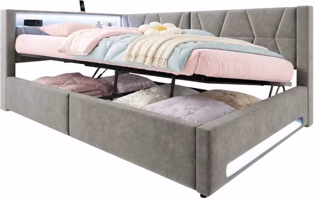 Letto contenitore matrimoniale Chicfurn in tessuto grigio con illuminazione LED e porte USB, rete sollevabile, L/P/H: 140 x 200 x 148.5 cm