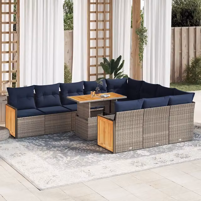 Set di divani da giardino vidaXL in legno di acacia oliato e rattan con 11 pezzi e cuscini grigi e blu