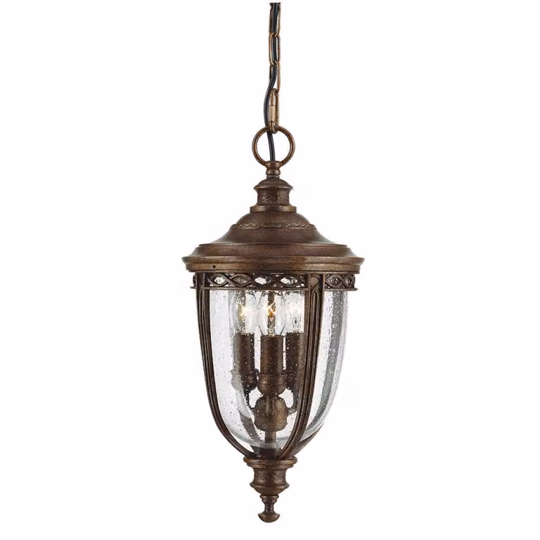 Lampada a sospensione da esterno English Bridle 3xE14, bronzo britannico, Feiss FE-EB8-M-BRB