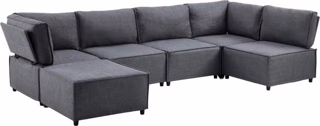 Divano modulare in tessuto di lino grigio scuro con struttura in legno semi-compresso, versatile e facile da montare