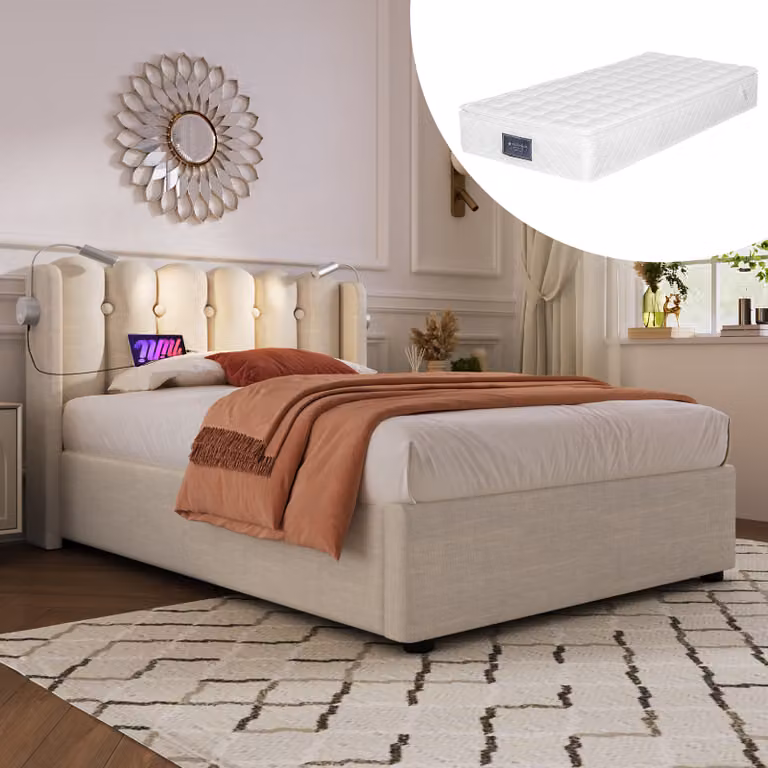 Letto imbottito singolo 90x200 con spazio contenitore, lampada da lettura con funzione di ricarica, letto per bambini 90x200 in lino, colore naturale (con materasso e rete)