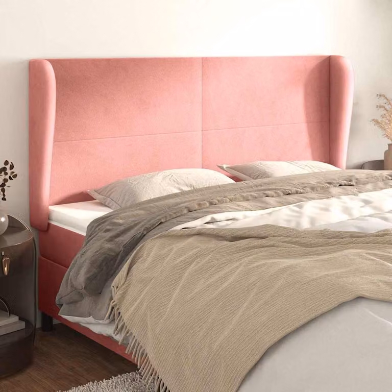 Testiera ad orecchio vidaXL in velluto rosa con struttura in legno e MDF, L: 203 cm, P: 23 cm, H: 118/128 cm