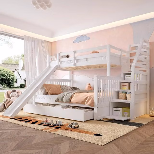 Letto a castello con cassetti ¨C Minimal ¨C Bianco 90x200 / 140x200 con scivolo