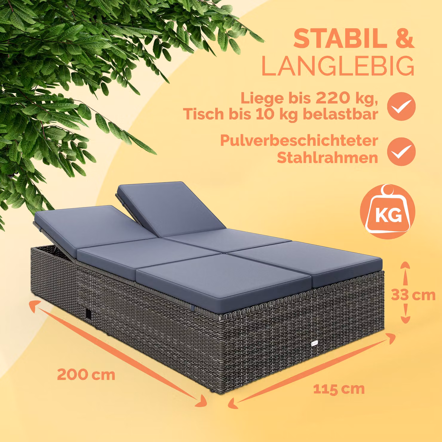 Lettino prendisole Casaria in polyrattan grigio antracite con poggiatesta regolabile e vassoio laterale L/P/H: 220 x 115 x 33 cm – 2