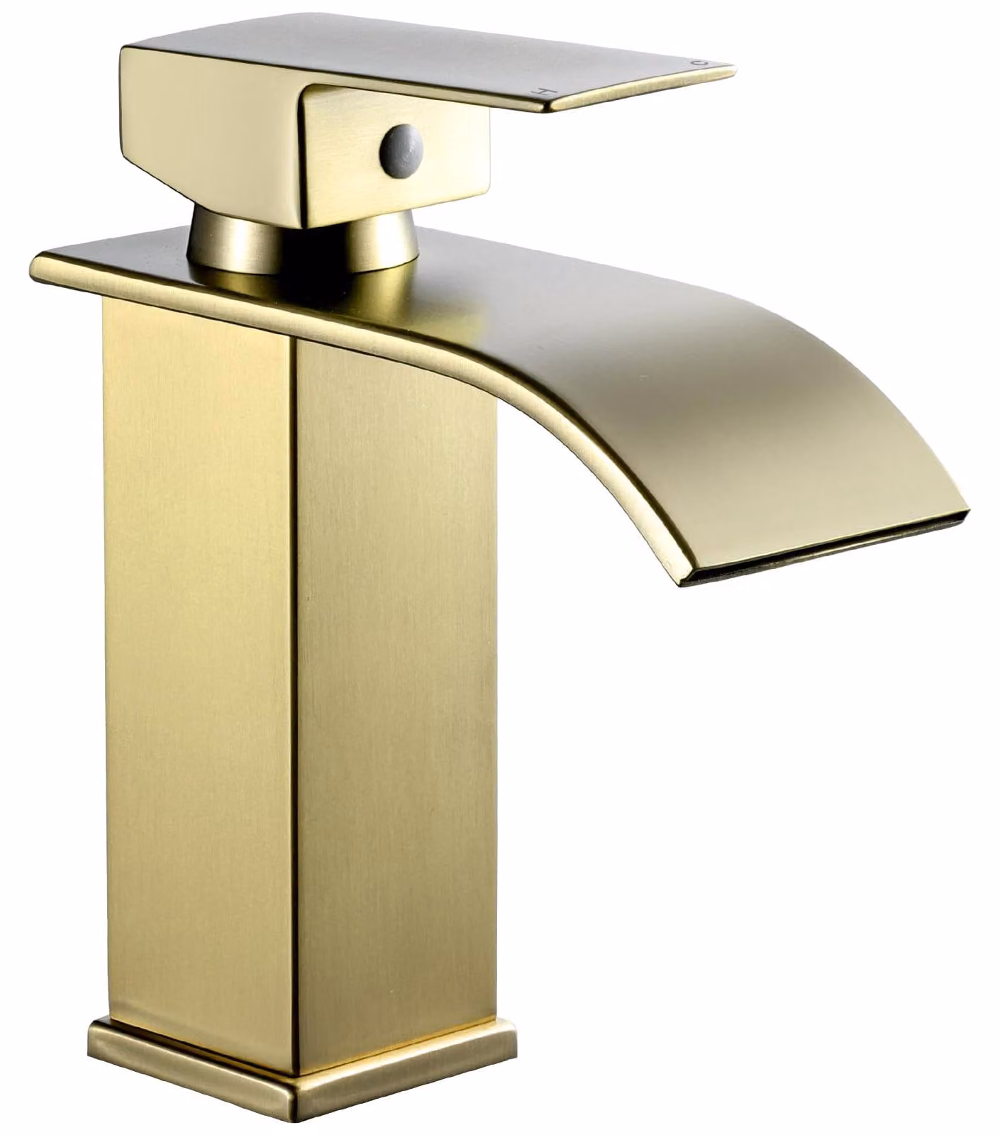 Miscelatore per lavabo a cascata, finitura dorata spazzolata, monocomando, foro singolo
