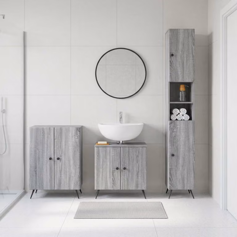Set di armadietti da bagno 3 pezzi vidaXL BREDA Sonoma grigio con mobile lavabo e pensili