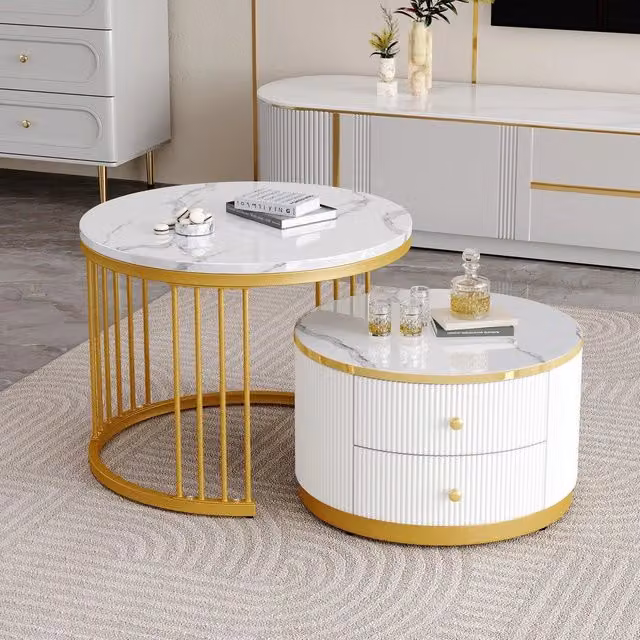 Set 2 Tavolini da Caff¨¨ Rotondi ¨C Xylo ¨C Bianco Lucido Effetto Marmo, 2 Cassetti, 60x60x45 & 50x50x32