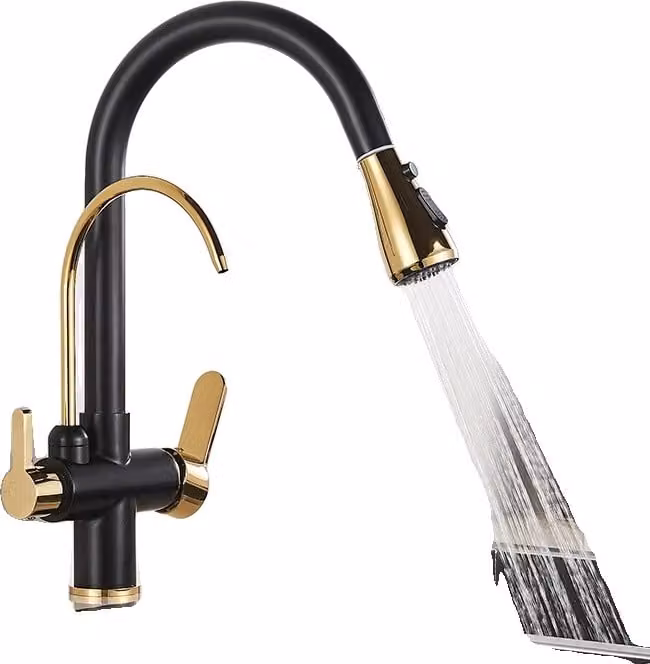 Rubinetto da cucina, bocca estraibile, attacco acqua calda e fredda, oro nero A