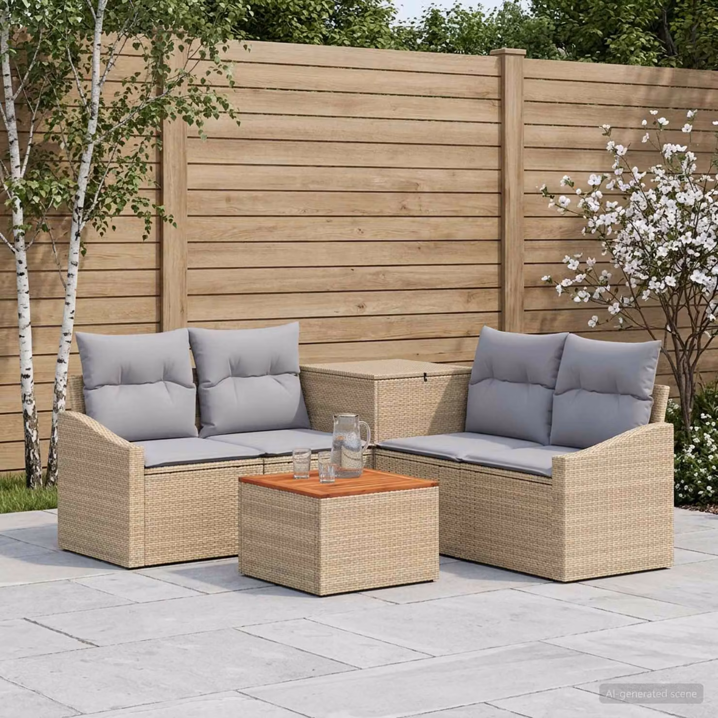 Set di divani da giardino vidaXL in polyrattan con forma a L, colore beige e grigio, composto da 6 pezzi con tavolino da caffè e cuscini inclusi