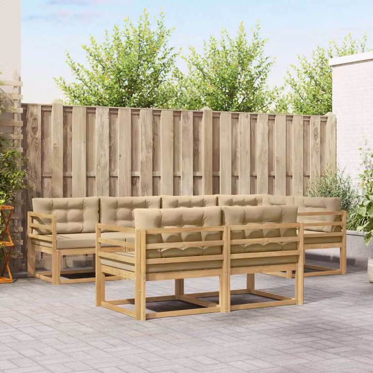 Set di divani da esterno a L vidaXL in legno di acacia con cuscini, Bianco, Beige e Marrone