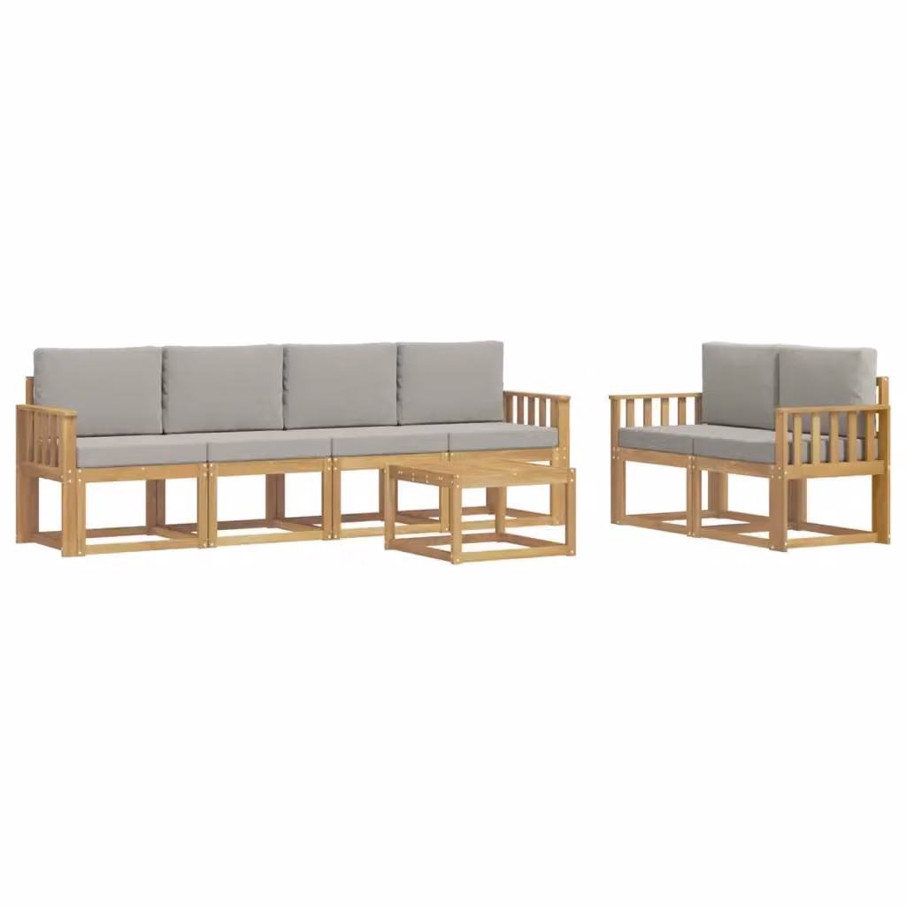 Set di divani da esterno a L con tavolino vidaXL, 7 pezzi in legno di acacia con cuscini bianchi e grigi – 2
