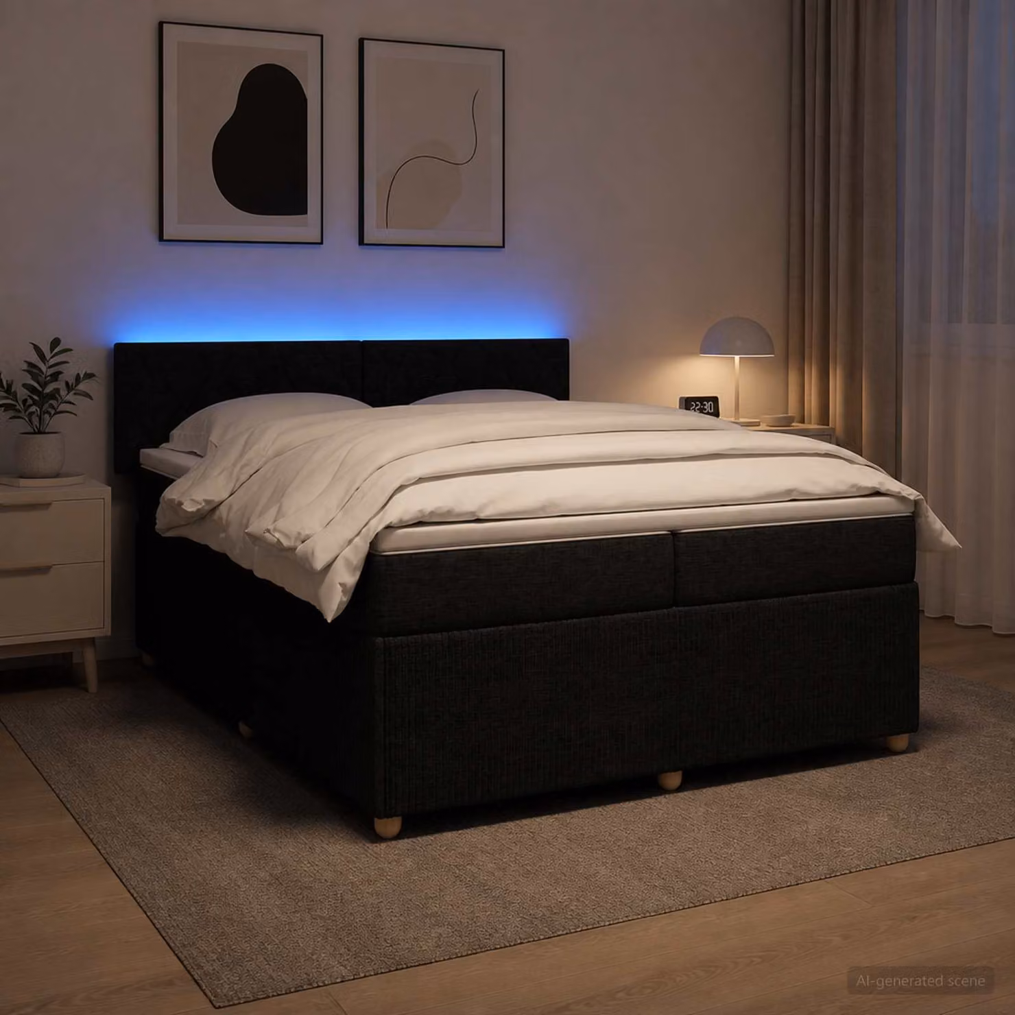 Letto box spring vidaXL con materasso in tessuto nero, dotato di illuminazione sottostante e porta USB, L/P: 200 x 200 cm