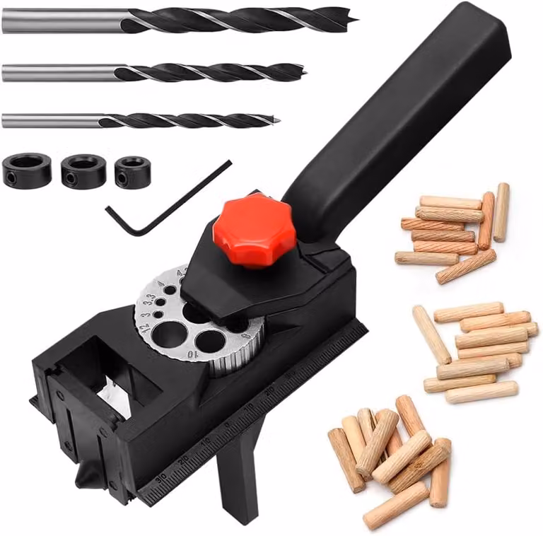 Set di tasselli in legno, 38 pezzi, con guide per la foratura da 6/8/10 mm, completo di morsetti e anelli di posizionamento, ideale per lavori in legno