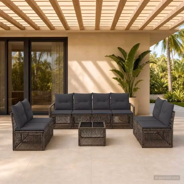 Set da giardino vidaXL a forma di U composto da 9 pezzi in rattan grigio con divano a 3 posti, poltrone, tavolino da caffè e cuscini imbottiti – 1
