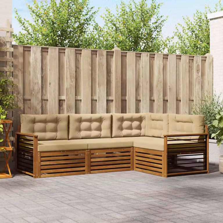Set di divani da esterno vidaXL 4 pz a forma di L in legno di acacia con cuscini beige e marrone