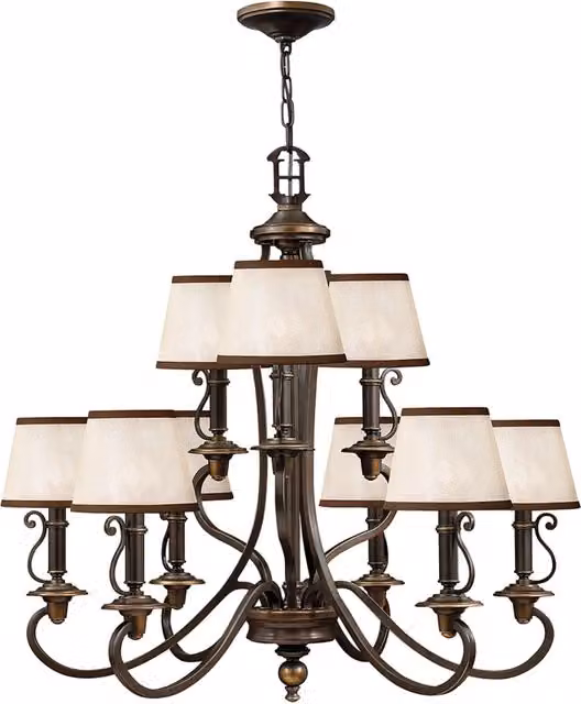Lampadario Classico Plymouth Hinkley in Acciaio Bronzo Antico e Tessuto Beige con 9 Luci E14 – 1