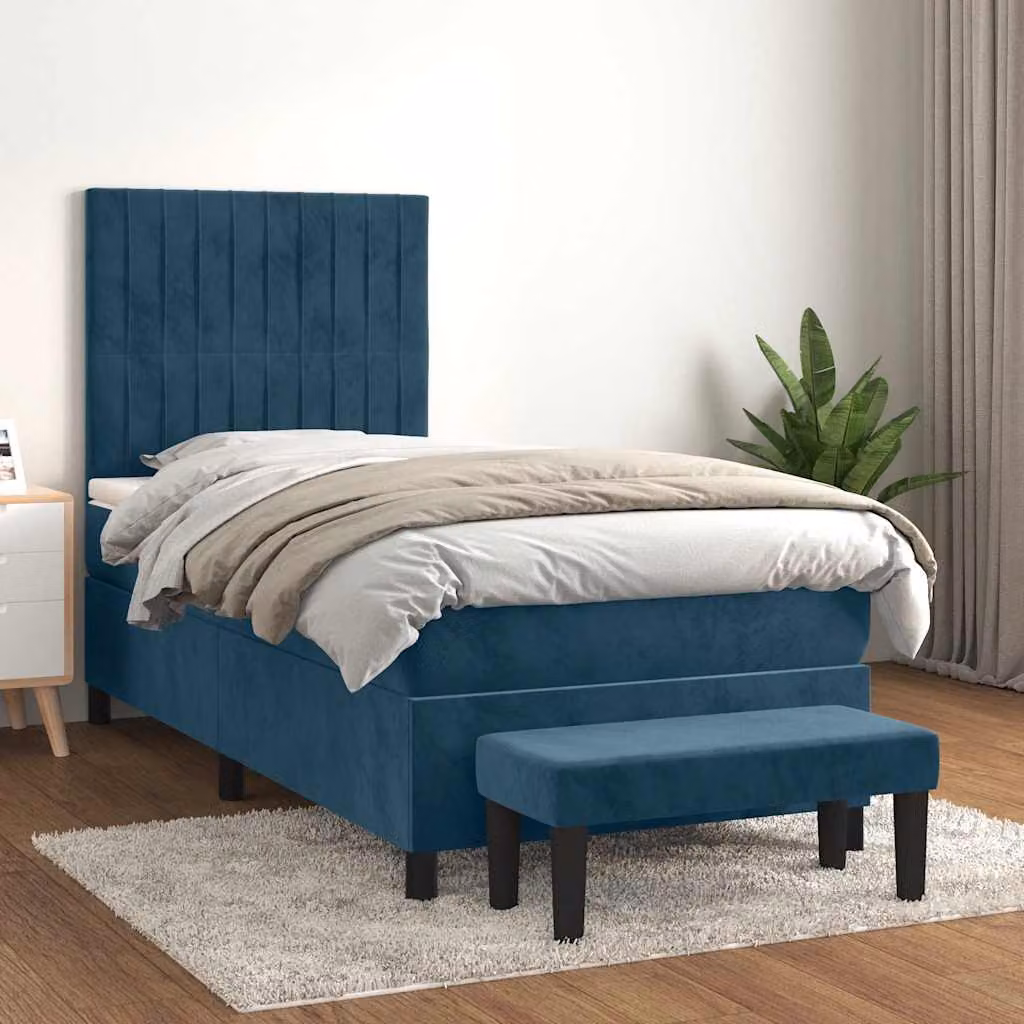 vidaXL Giroletto a Molle Ibrido con Materasso in Velluto Blu Scuro e Bianco, L/P/H: 90 x 200 x 128 cm – 1