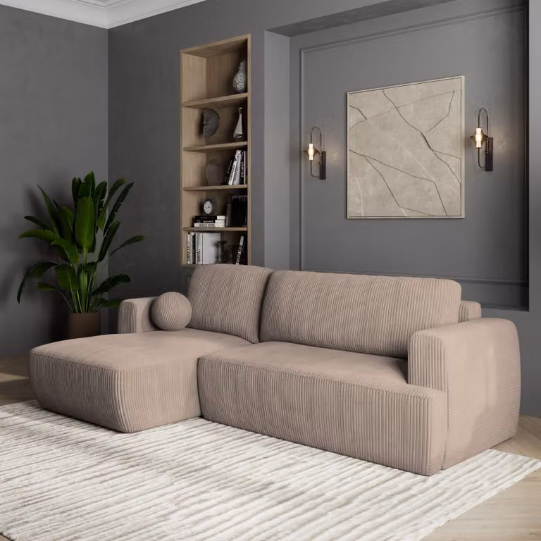 Divano angolare Masseno SENTI P L-S con funzione letto a L, divano con contenitore, divano da salotto, divano, divano, divano letto, set di divani - beige, POSO 02