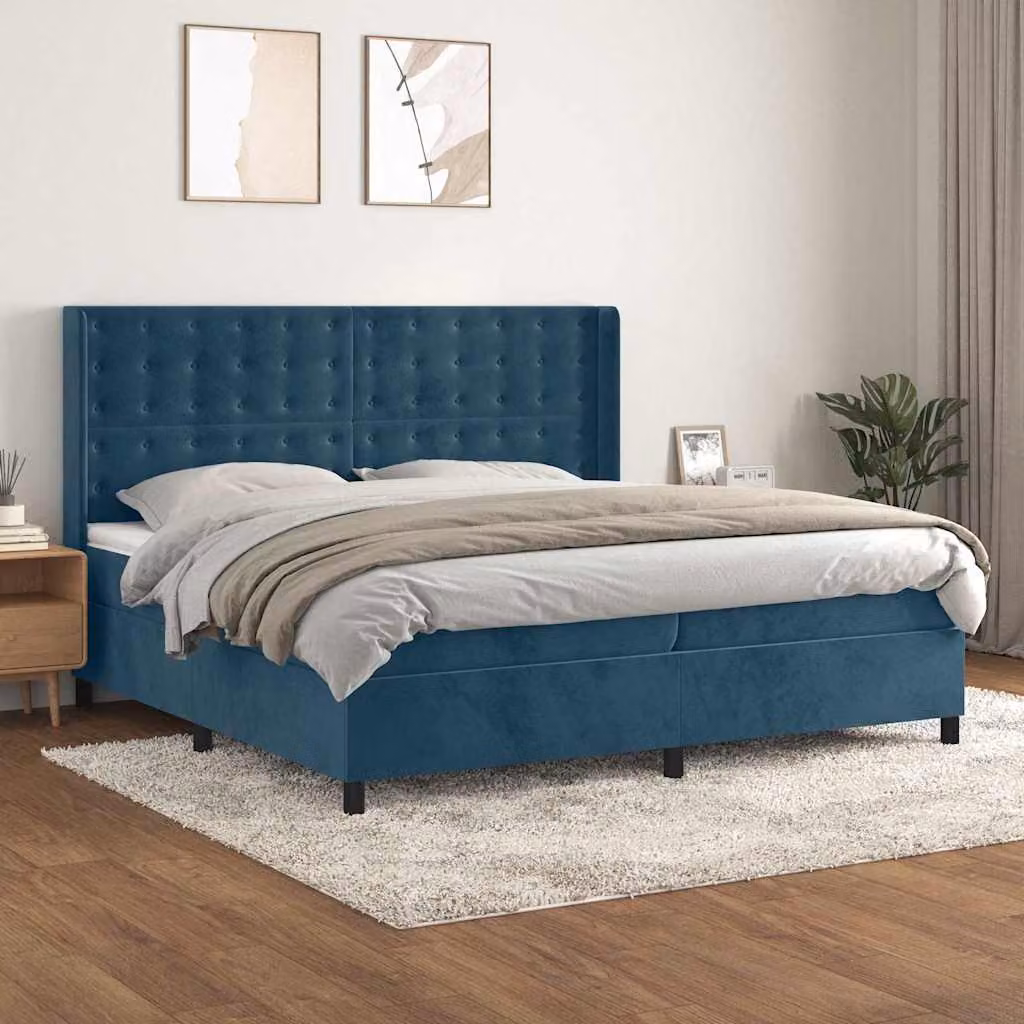 vidaXL Letto Ibrido con Giroletto a Molle e Materasso in Velluto Blu e Bianco L/P/H: 200 x 200 x 128 cm