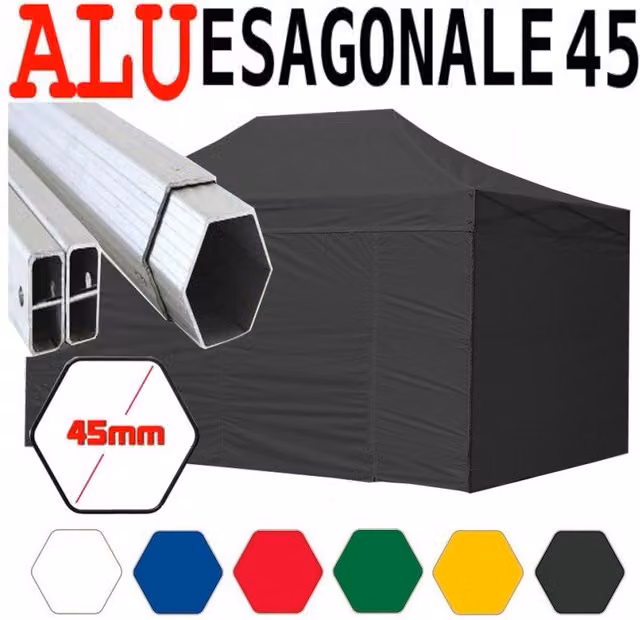Gazebo 3x4,5 m nero pieghevole alluminio piantone esagonale 45mm portatile estendibile richiudibile estensibile acciaio con laterali per fiere eventi stand chiosco tenda tendone mercato mercatino