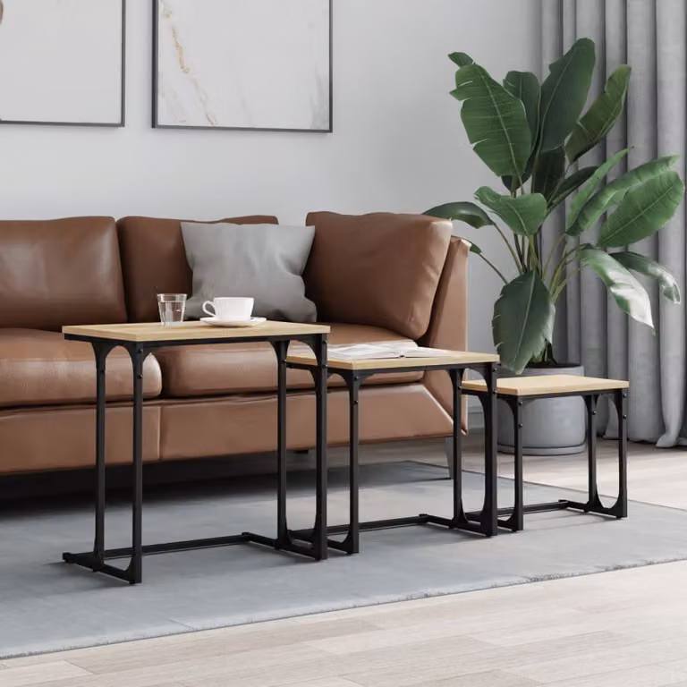 Set di 3 tavolini impilabili vidaXL in legno e metallo color rovere, stile industriale per soggiorno o ufficio