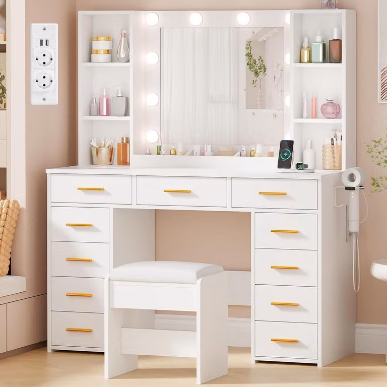 Comò da trucco con illuminazione a LED, specchio e 11 cassetti, colore bianco, dimensioni 140x105x40 cm