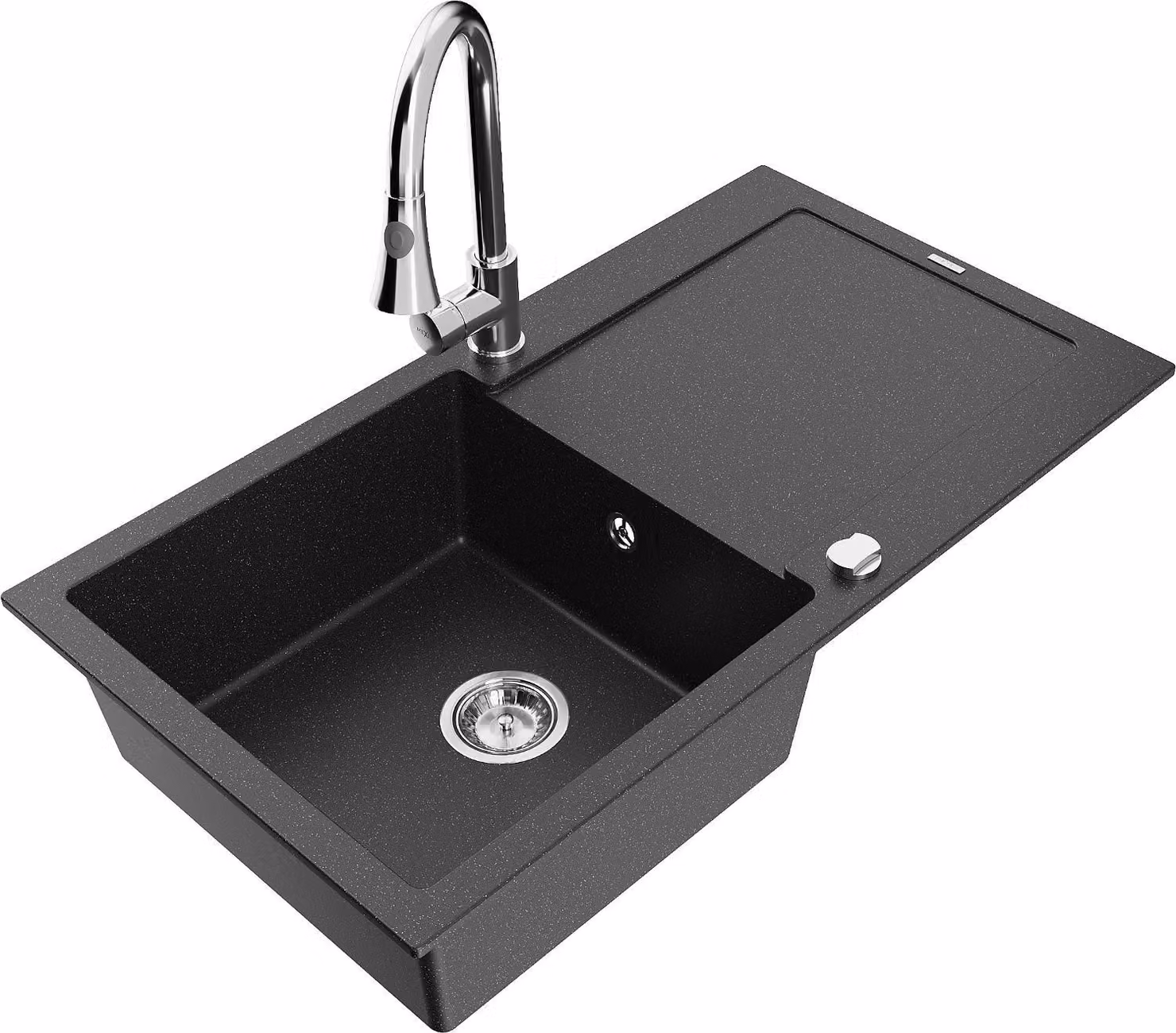 Mexen Leo lavello in granito a 1 vasca con scolapiatti e rubinetto da cucina Elia, nero/argento metallizzato - 6501-73-670101-00