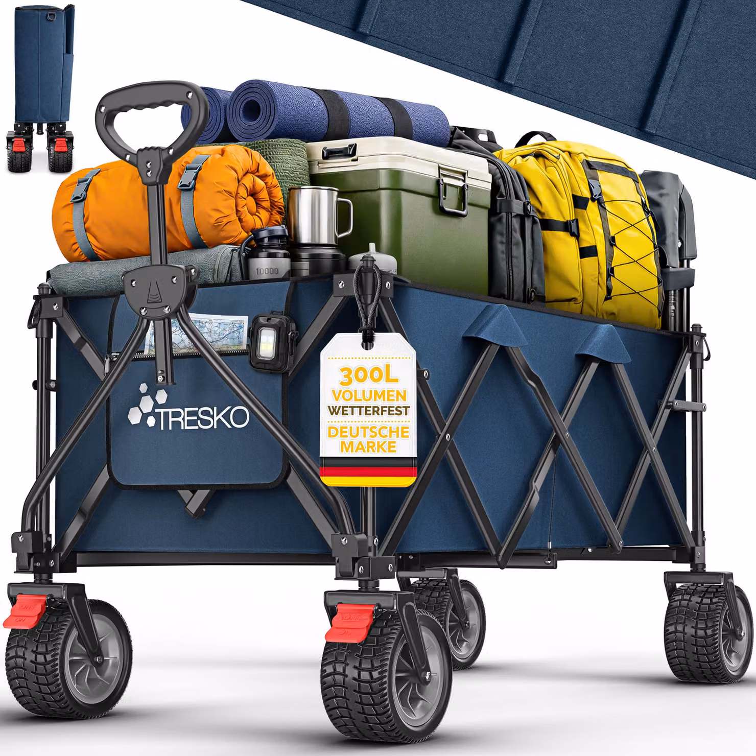 Carretto pieghevole TRESKO® da 300 L con freno, blu | Carretto pieghevole da 150 kg con ruote in gomma piena | Carretto da spiaggia pieghevole con ruote fuoristrada extra larghe | Carretto da giardino con borsa per il trasporto inclusa