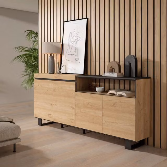 Credenza, Mobile, 200x35x87cm, 4 Porte, Design industriale, colore Rovere e nero RF2317