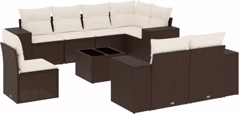 Set Divani da Giardino 9pz con Cuscini Marrone in Polyrattan