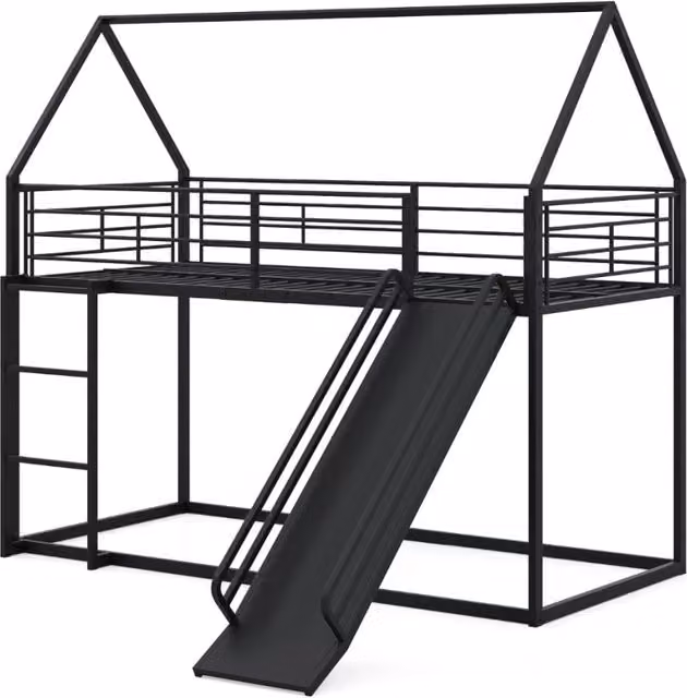 Loft con sponda di sicurezza e tetto di casa con scivolo e scala convertibili, Letto a castello basso doppio letto singolo Nero-Lettini per bimbi