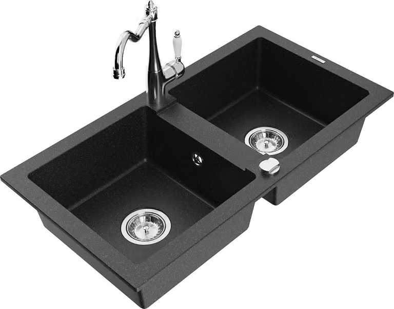 Mexen Mario lavello in granito a 2 vasche con rubinetto da cucina Carla, nero/metallo argento - 6504-73-670700-00