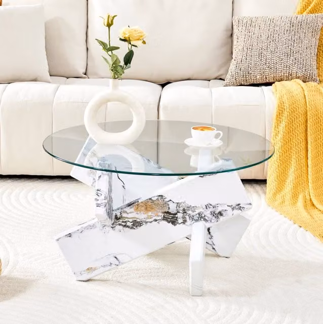 Tavolino basso rotondo 79 cm trasparente MDF bianco; base a croce
