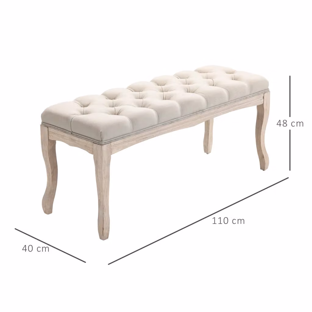 Panca fondo letto imbottita Mivray in tessuto effetto lino beige con bottoni e gambe curve in legno, L: 110 cm, P: 40 cm, H: 40 cm – 2