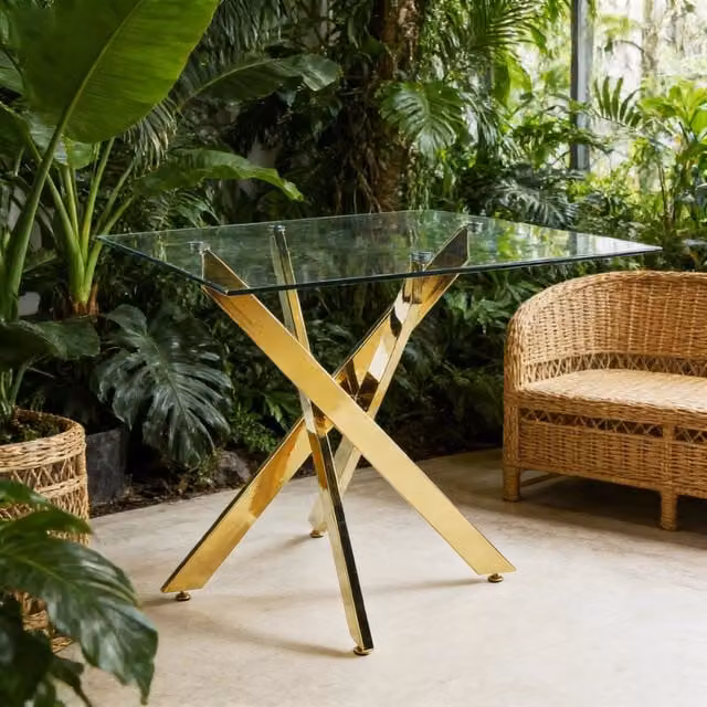 Tavolo da pranzo moderno Zephmum quadrato con piano in vetro trasparente e base a X in metallo dorato L/P/H: 80 x 80 x 75 cm – 1