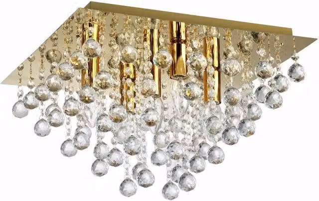 Plafoniera quadrata Reality Leuchten in metallo e cristallo color oro con 5 lampadine E14