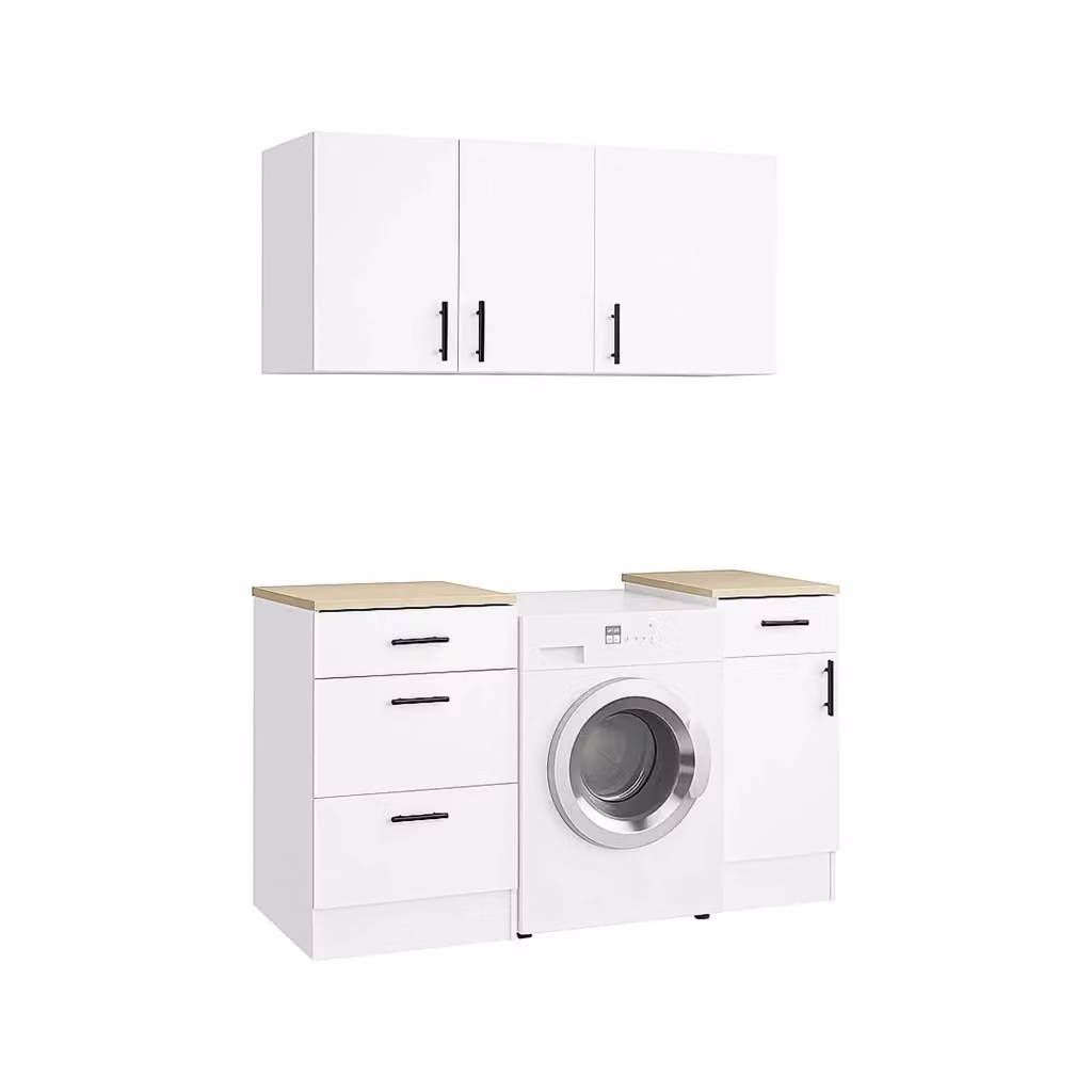 Set mobili per lavanderia Sesleria DMORA, composizione moderna salvaspazio in bianco e rovere con ante soft-close – 2