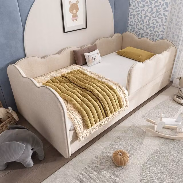Letto estraibile singolo 90×190 cm con barriera e schienale imbottito, senza materasso, lino, beige