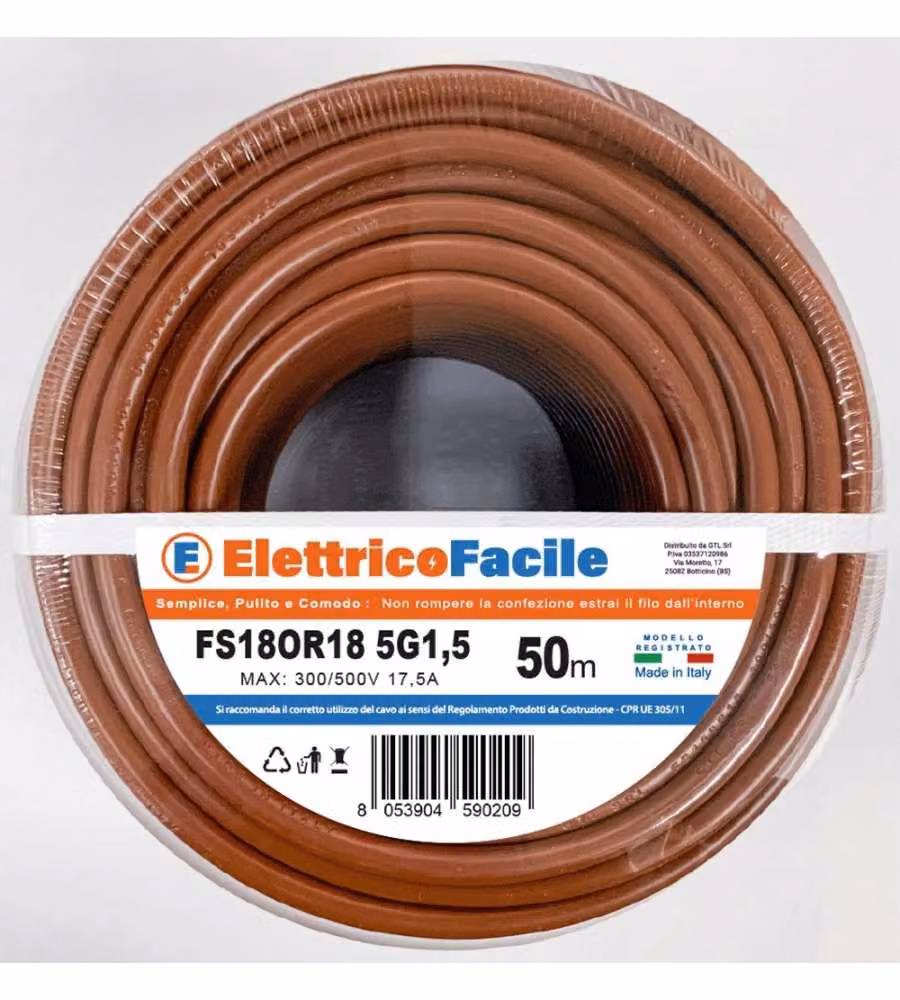 Cavo Elettrico FS18OR18 5G1,5 mm² Marrone 50 m per Edifici e Sicurezza