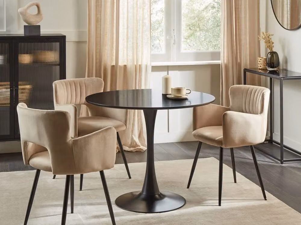 Tavolo da pranzo rotondo BELIANI nero con base in metallo e piano in MDF laminato, Diametro: 90 cm, Altezza: 73 cm – 2