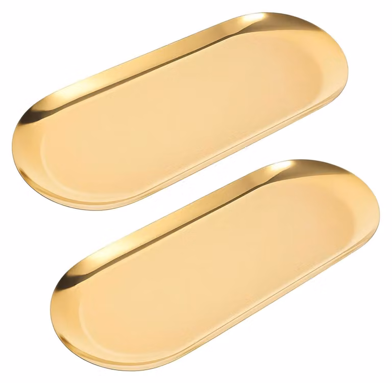 2 vassoi decorativi in acciaio inossidabile per gioielli e cosmetici, color oro