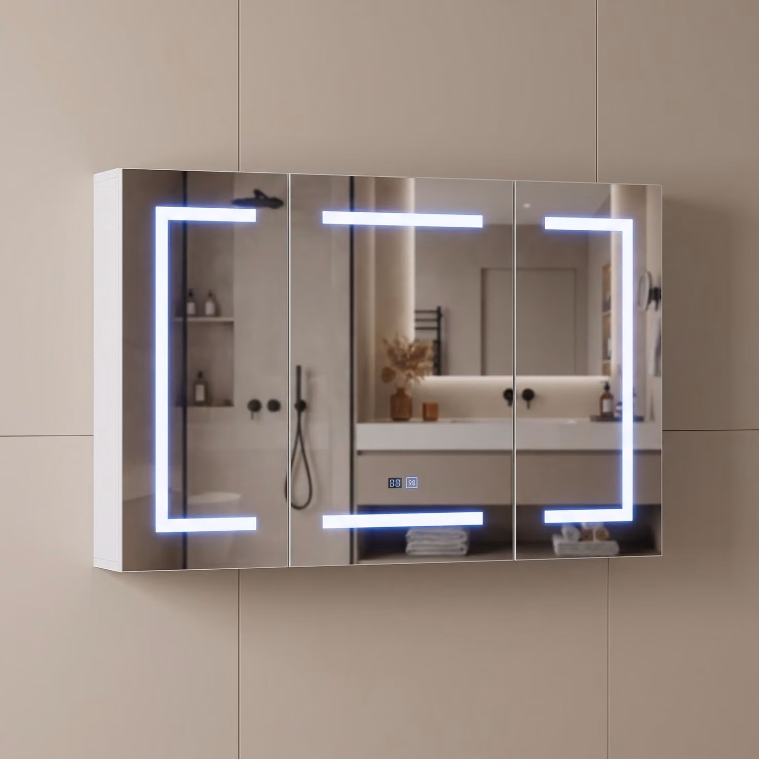 INONEFT Mobiletti da bagno con specchio a LED, illuminazione a 3 colori, 100,4x13,5x60 cm, presa per rasoio, pannello touch, 3 ante, mobile con specchio, regolabile, antiappannamento, bianco