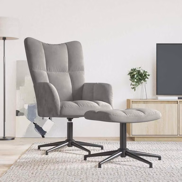 vidaXL Poltrona Relax con Poggiapiedi Grigio Chiaro in Velluto con Struttura in Metallo e Sedia Girevole 360 Gradi