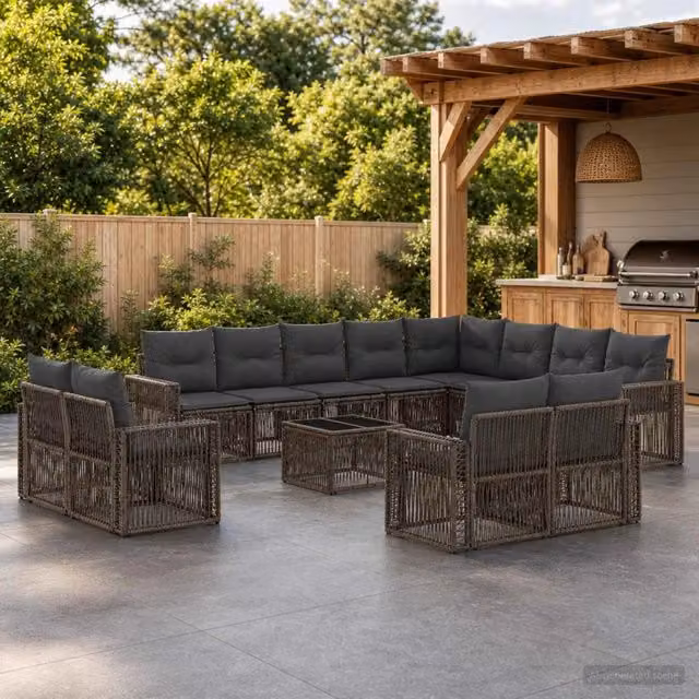 Set Divano da Giardino vidaXL 13 Pezzi a Forma di U in Polyrattan Grigio e Antracite con Cuscini e Tavolino da Caffè