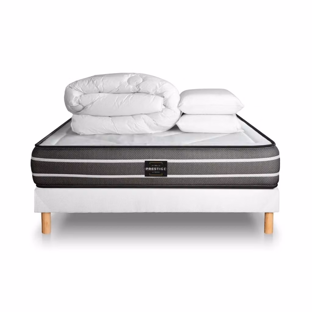Set letto completo Prestige Literie bianco con materasso 200x200 cm, box spring con doghe, 2 cuscini e piumino traspirante – 2