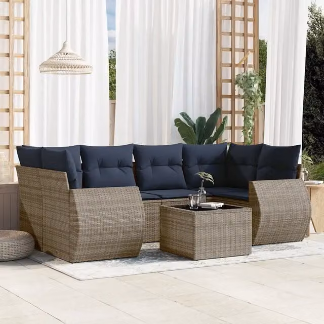 Set da giardino componibile a L vidaXL in polyrattan con 7 pezzi, tavolo da caffè e cuscini grigi e blu con coperture rimovibili – 1