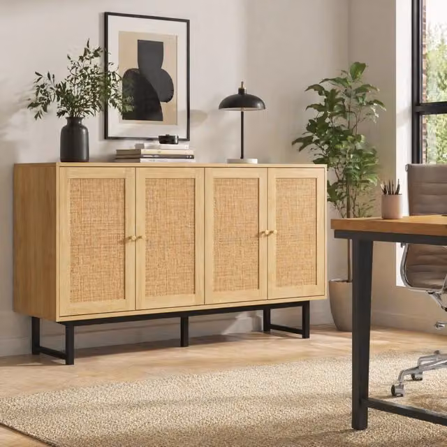 Credenza 140 x 39;5 x 80 cm con 4 ante in vero rattan; effetto legno