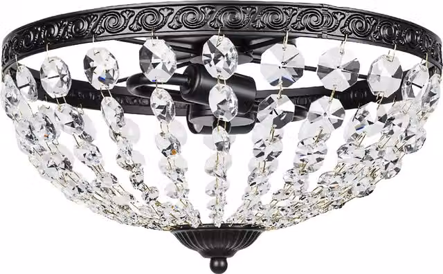 Lampada da Soffitto Vintage HOMCOM in Cristallo e Metallo Nero con 168 Cristalli Trasparenti e 2 Portalampada E14 per Camera da Letto e Soggiorno