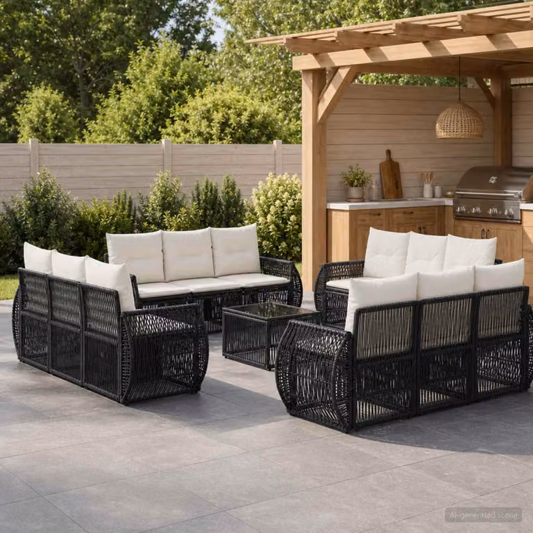 Set Divano da Giardino vidaXL a Forma a U in Polyrattan con Tavolino e Cuscini, Nero e Bianco Crema