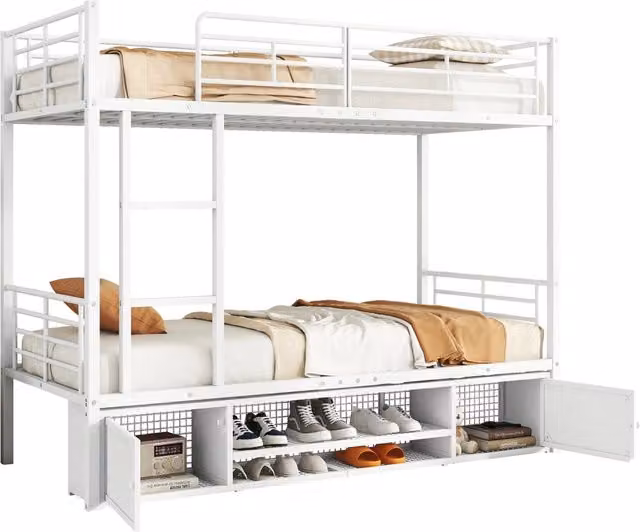Letto a castello moderno in metallo bianco per bambini con scalinata, scarpiera e armadietti, L/P/H: 90 x 200 x 205 cm